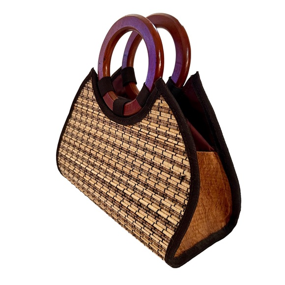 Vintage Handbags - Vintage Wooden Bamboo Slatted Double Handle purse/Handbag